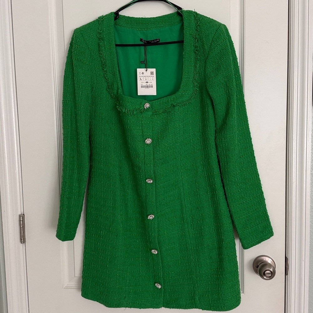 Zara Tweed Boucle squared neck long sleeves Jewel Buttons Green Dress Sz Large - Picture 4 of 15